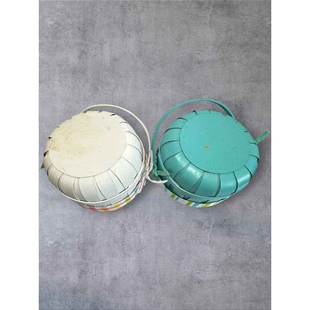 Baskets and Grass Easter Basket Set of 2 Kids White Teal Gingham Striped Slats